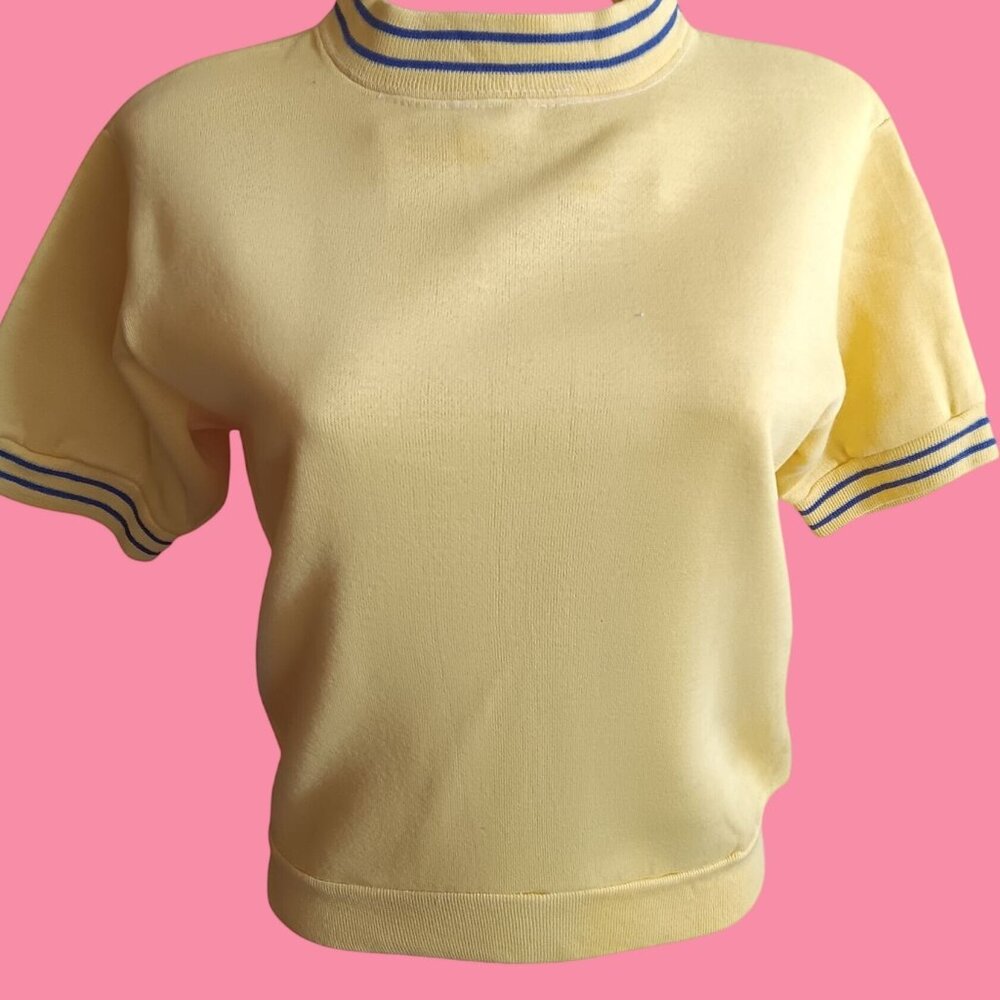 Medium Vintage Creslan Sweatshirt Yellow Pullover Top Ringer Striped Collar 70s